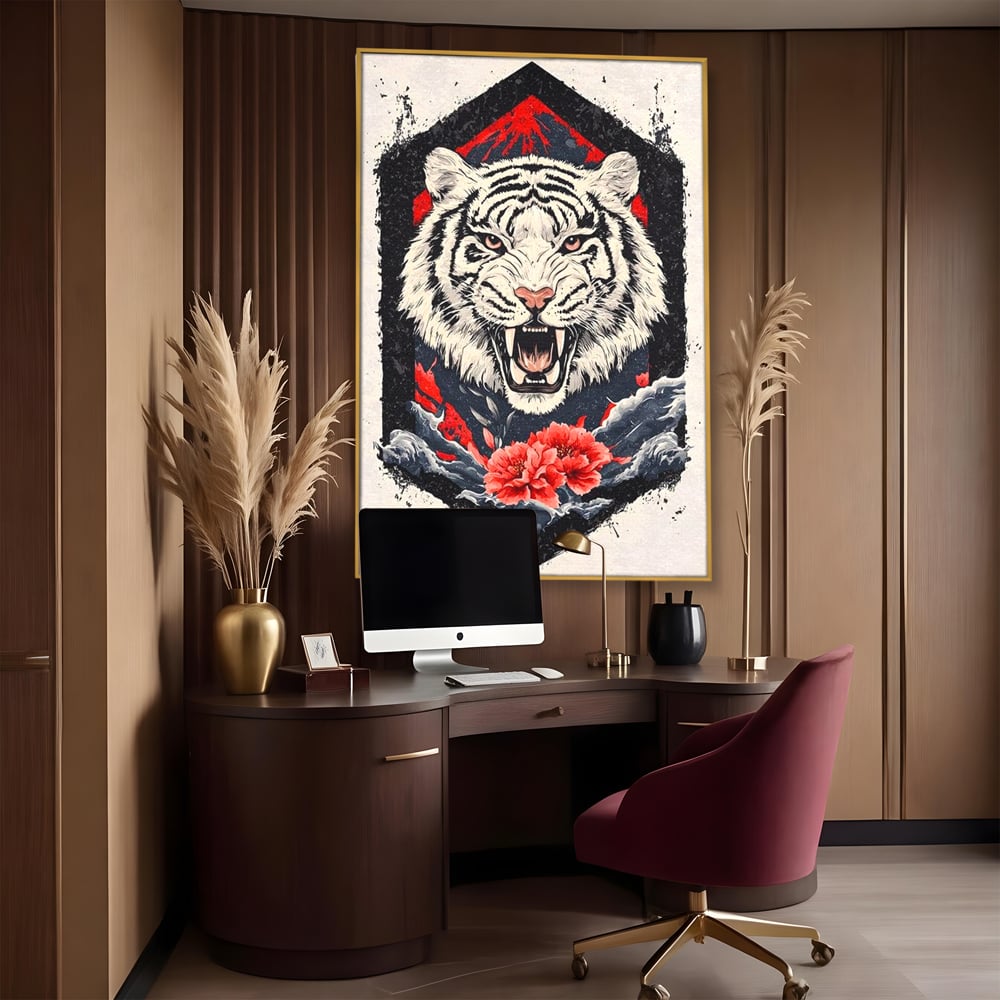Tablou canvas cu tablou canvas cu tigru alb si flori rosii, in rama de aluminiu auriu, pe perete intr-un birou